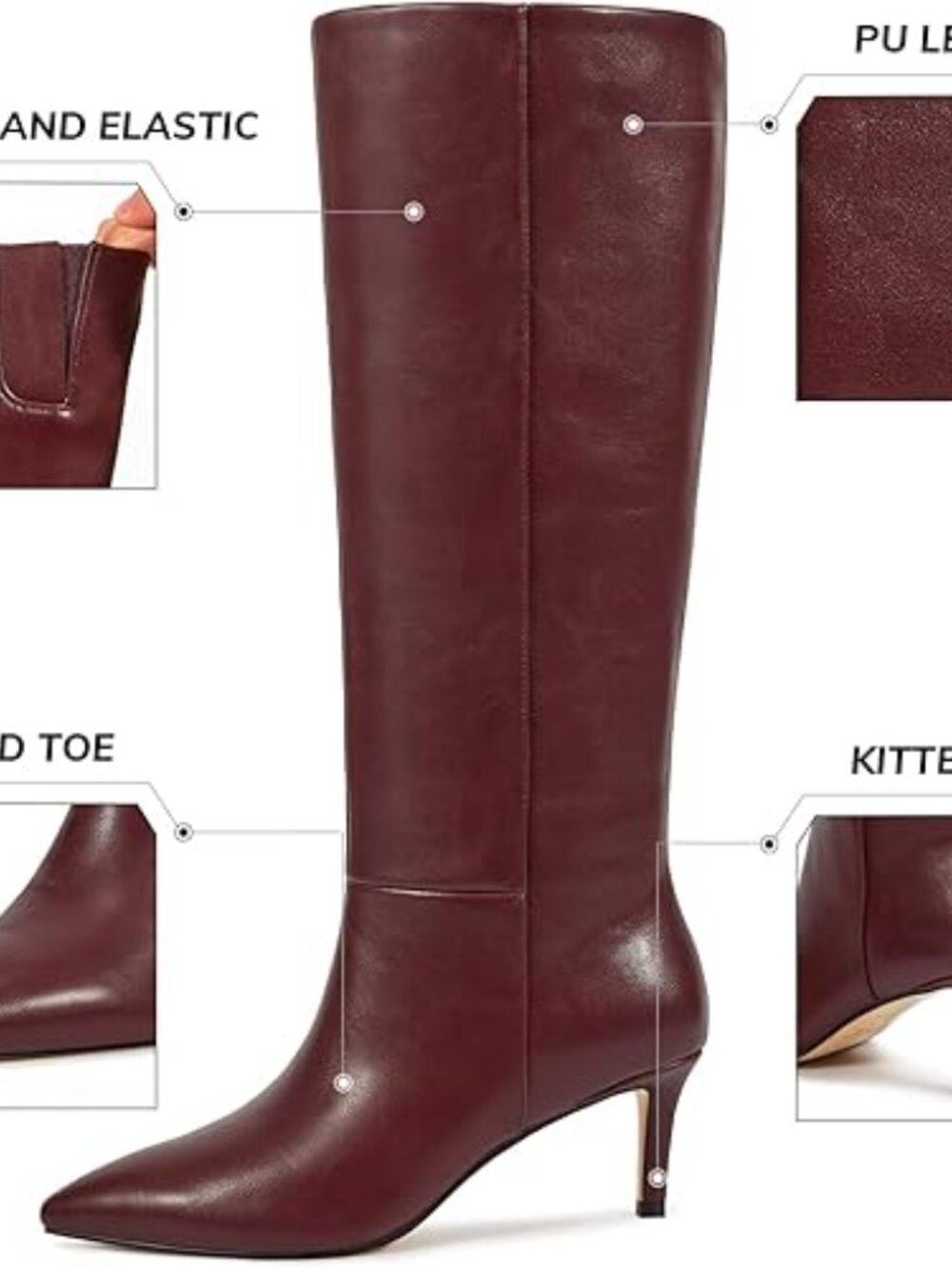 Knee High Boots for Women - Pointed Toe Kitten Heel & Crocodile, Side Full Zipp - Picture 7 of 8